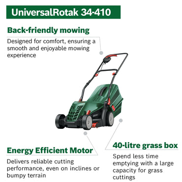 Electric Lawn Mower with 34cm Cutting Width, GrassCombs & 40L Grass Box