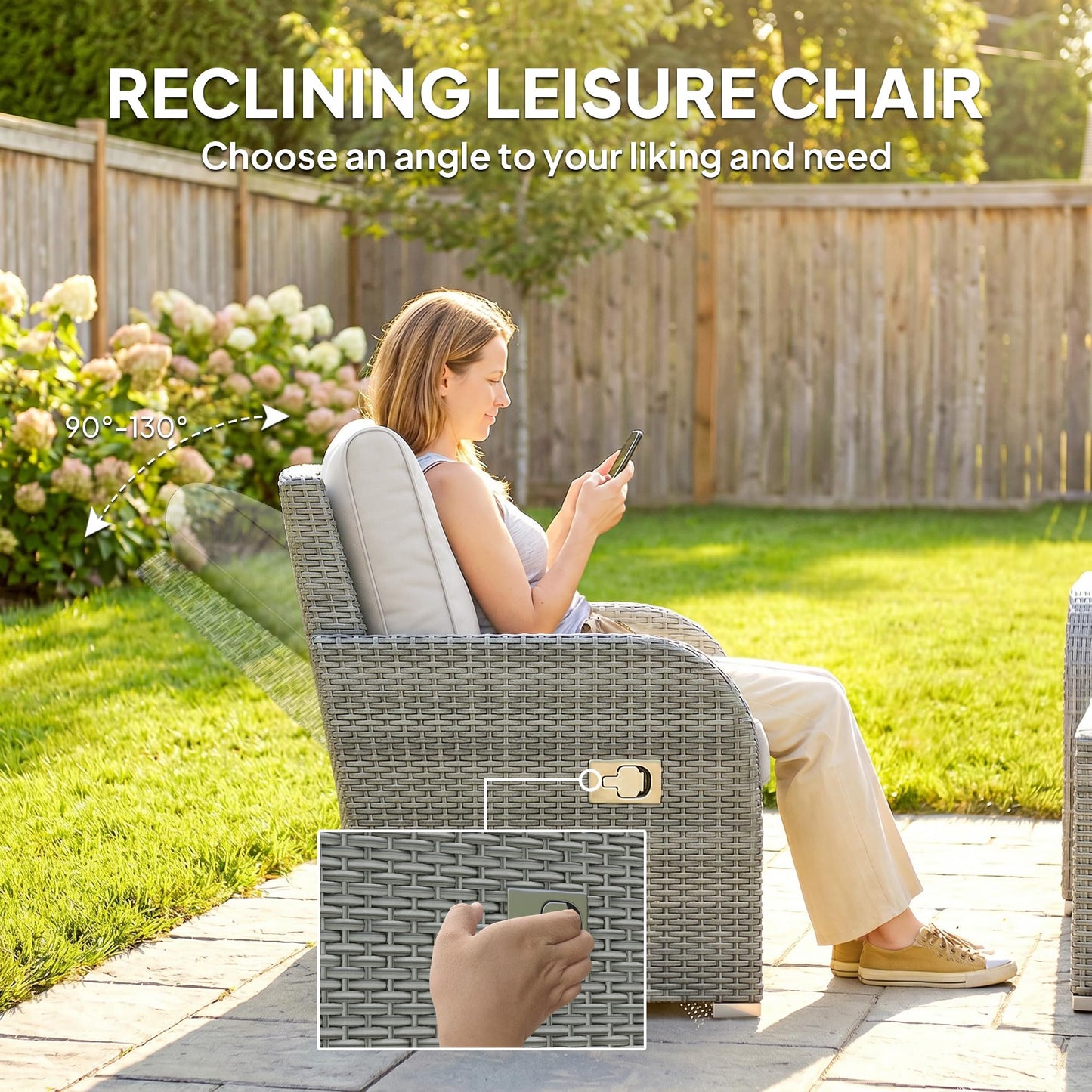 7 Seater Rattan Garden Furniture Set with Reclining Chairs, Footstools & Coffee Table