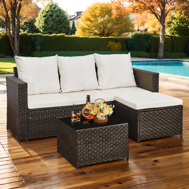 3 Piece Rattan Corner Sofa Set with Coffee Table & Cushions