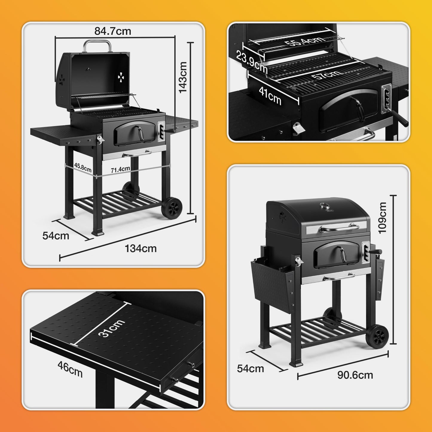 XL Charcoal BBQ Grill & Smoker with Cast Iron Grates, Side Shelves & Warming Rack